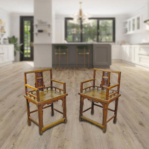 Hand Carved Back Chinese Antique Arm Chairs - Set of 2