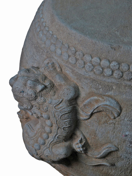 Hand Carved Stone Foo Dog Drum Stool or Side Table