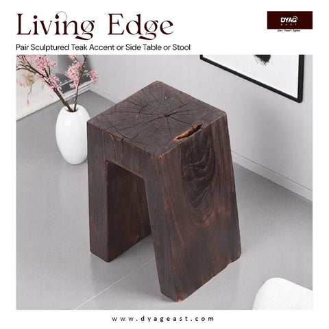 Pair Sculptured Teak Accent or Side Table or Stool