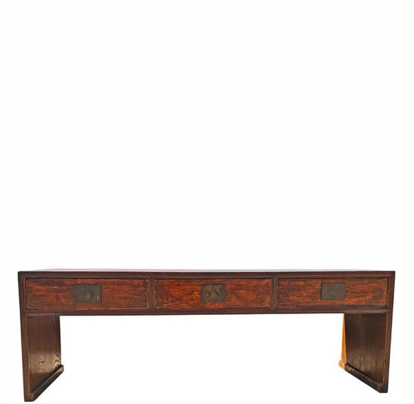 Antique 20th Century Chinese Elm 3 Drawer Console Table - Dyag East