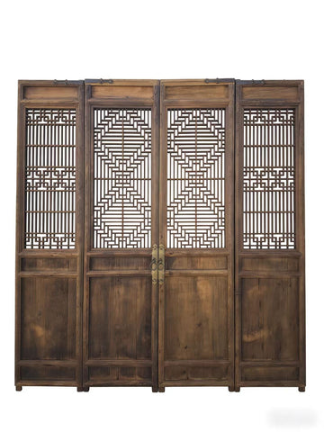 Antique Chinese 4 Panel Lattice Wood Screen Doors - Dyag East