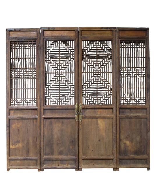 Antique Chinese 4 Panel Lattice Wood Screen Doors - Dyag East