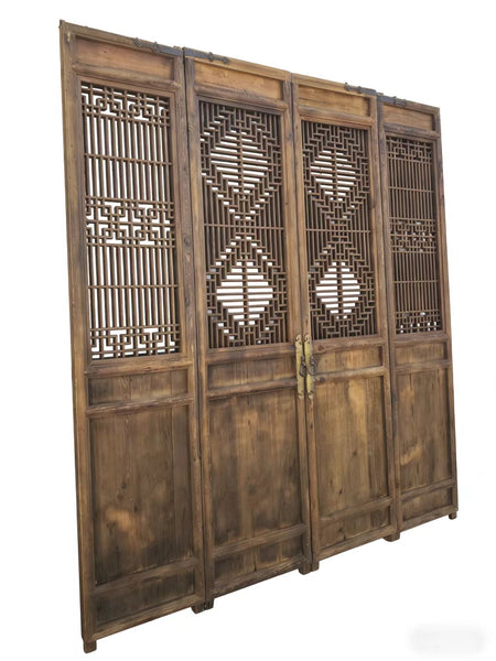 Antique Chinese 4 Panel Lattice Wood Screen Doors - Dyag East