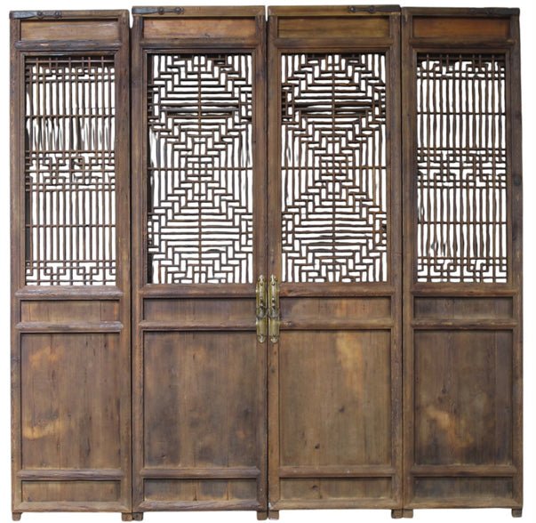 Antique Chinese 4 Panel Lattice Wood Screen Doors - Dyag East