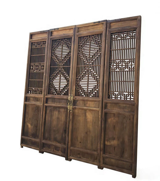 Antique Chinese 4 Panel Lattice Wood Screen Doors - Dyag East