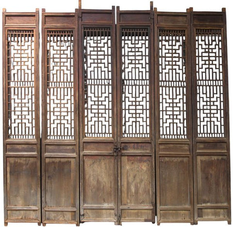 Antique Chinese 6 Panel Lattice Wood Screen Doors - Dyag East
