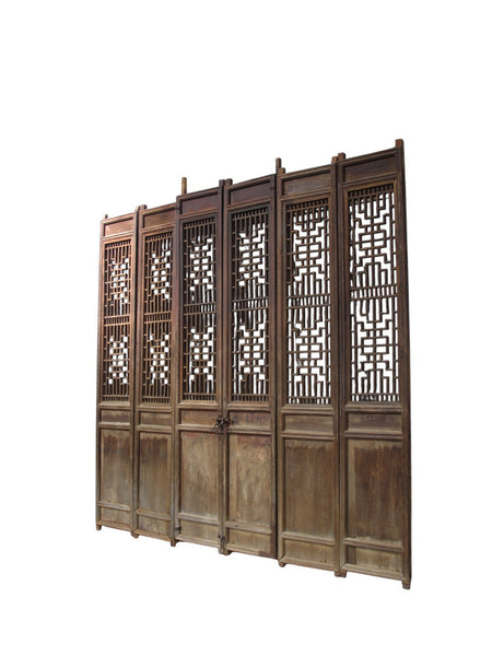 Antique Chinese 6 Panel Lattice Wood Screen Doors - Dyag East