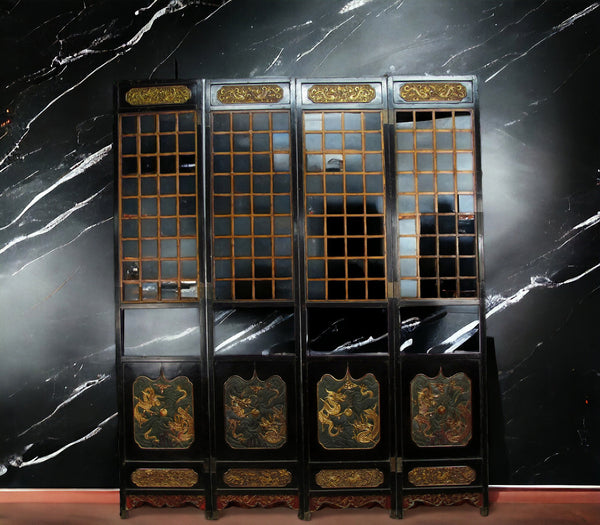 Antique Chinese Room Divider w Hand Carved & Gilded Dragons on Both Sides - Set of 4 - Dyag East