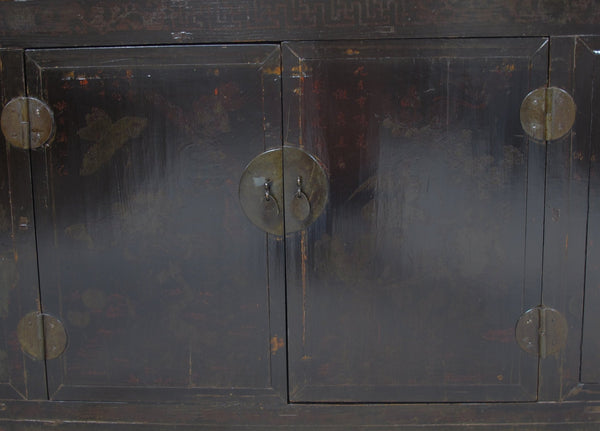 Antique Chinese Tall Sideboard with Faded Hand-Painted Doors, Red-Brown Patina - Dyag East