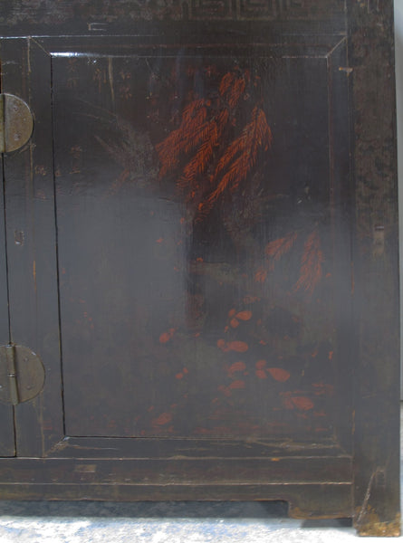 Antique Chinese Tall Sideboard with Faded Hand-Painted Doors, Red-Brown Patina - Dyag East