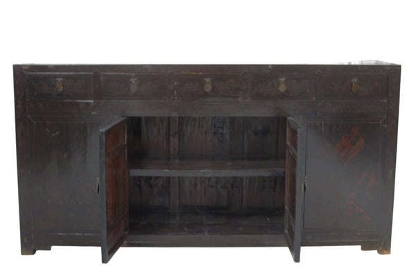 Antique Chinese Tall Sideboard with Faded Hand-Painted Doors, Red-Brown Patina - Dyag East