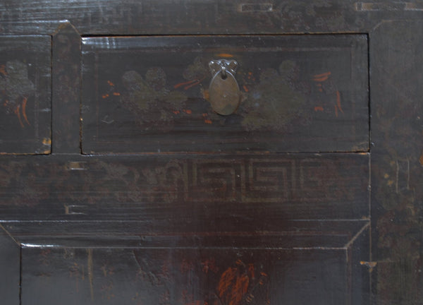 Antique Chinese Tall Sideboard with Faded Hand-Painted Doors, Red-Brown Patina - Dyag East