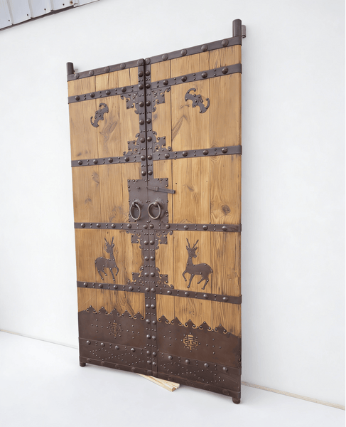 Antique Chinese Wood Door Panels with Iron Deer & Bat Motifs - Dyag East
