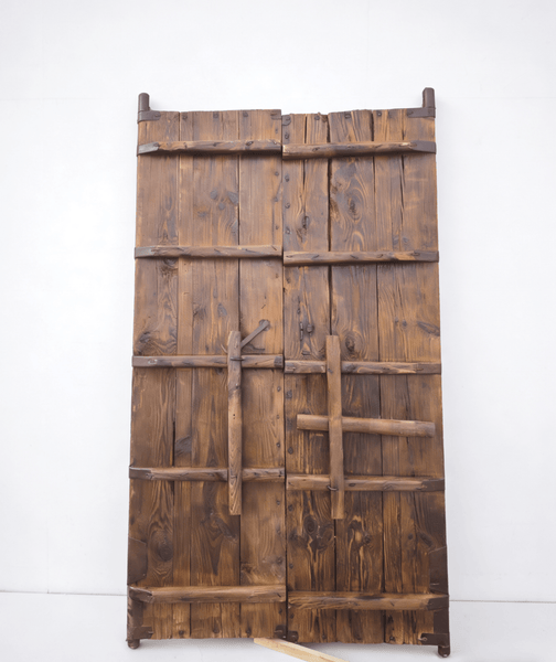 Antique Chinese Wood Door Panels with Iron Deer & Bat Motifs - Dyag East