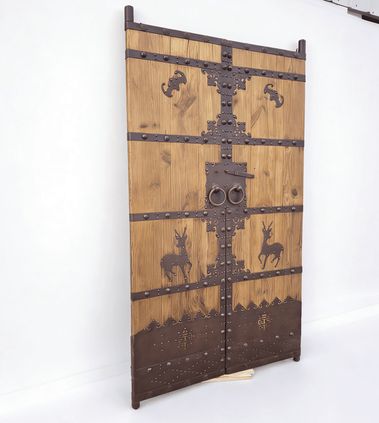 Antique Chinese Wood Door Panels with Iron Deer & Bat Motifs - Dyag East