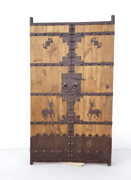 Antique Chinese Wood Door Panels with Iron Deer & Bat Motifs - Dyag East