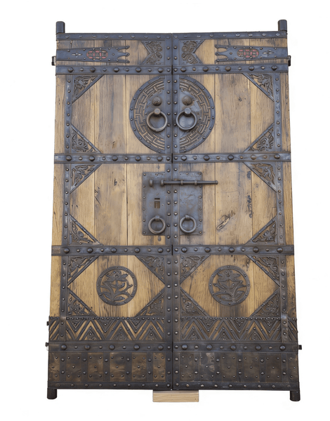 Antique Chinese Wood Doors with Geometric Iron Medallions - Dyag East