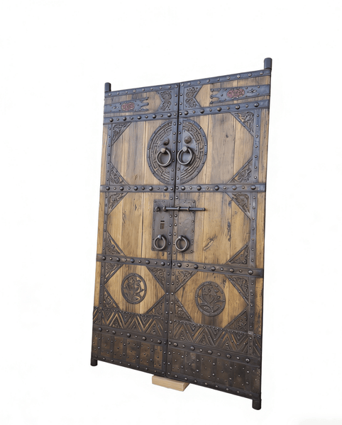 Antique Chinese Wood Doors with Geometric Iron Medallions - Dyag East