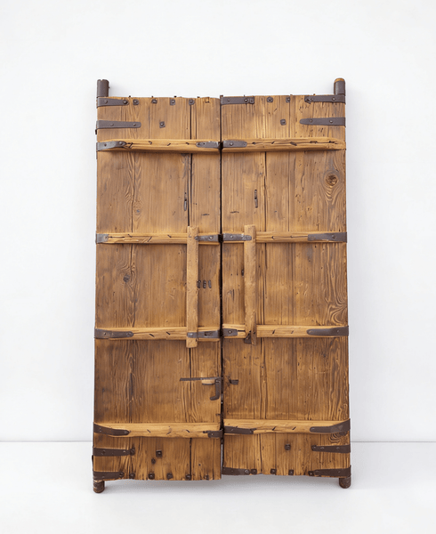 Antique Pinewood Doors with Studded Iron Bands & Sliding Latch - Dyag East