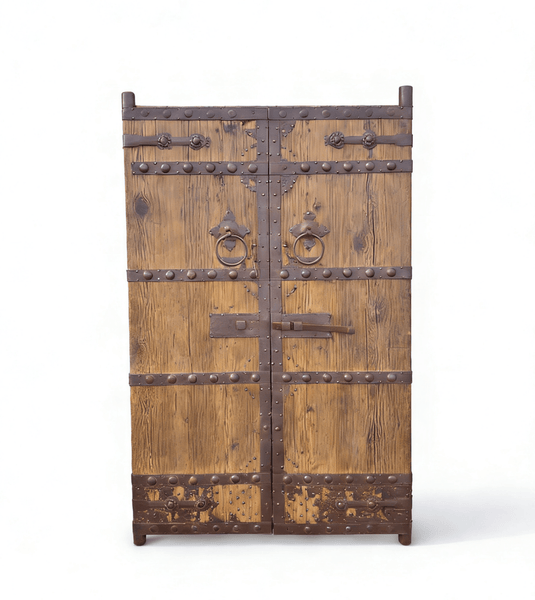 Antique Pinewood Doors with Studded Iron Bands & Sliding Latch - Dyag East