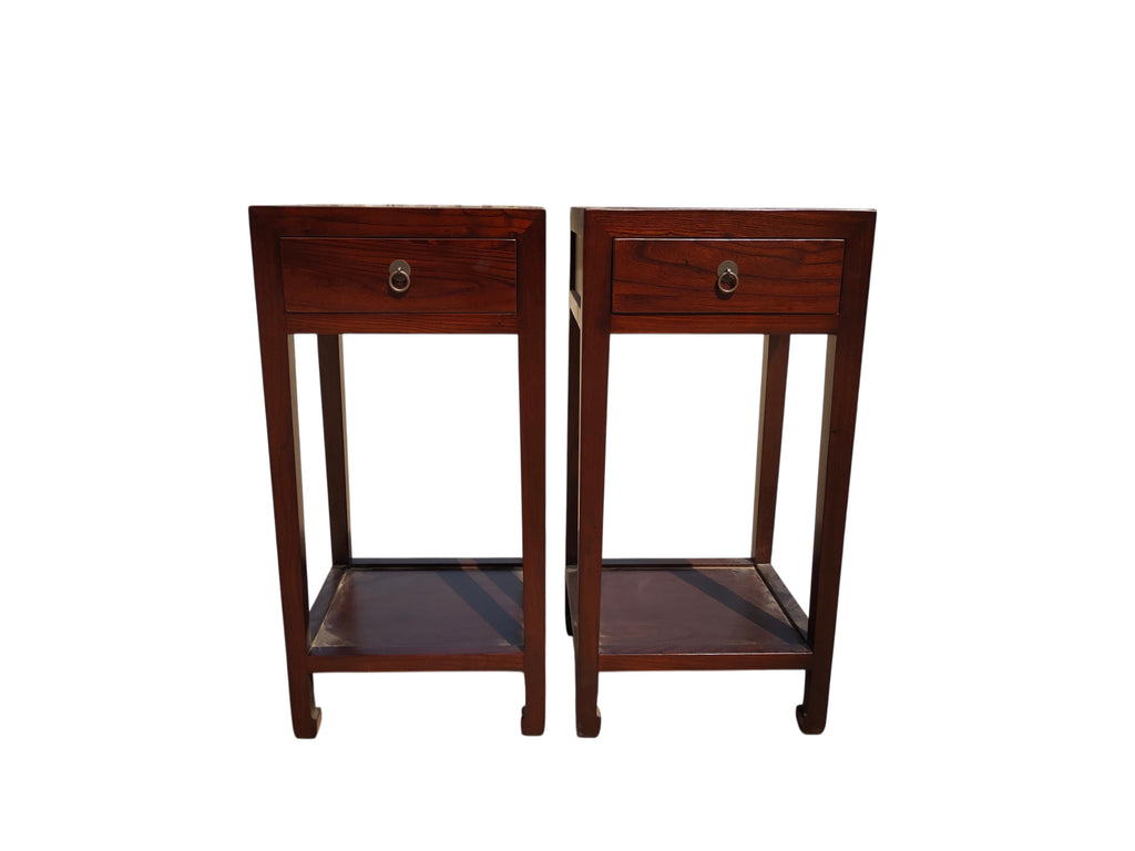 Pair of Chinese Elm Accent Tables with Drawer