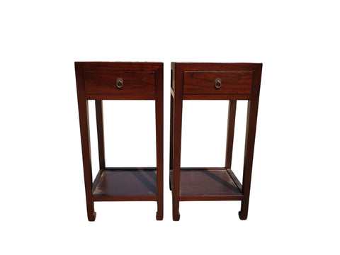 Pair of Chinese Elm Accent Tables with Drawer