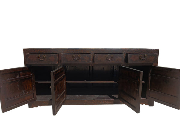 Circa 1926 Antique Chinese Dark Brown Painted Sideboard with Four Drawers and Four Doors - Dyag East