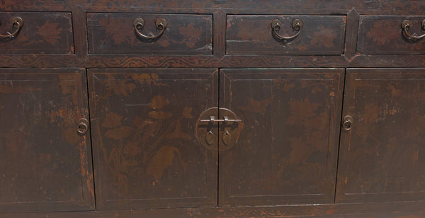Circa 1926 Antique Chinese Dark Brown Painted Sideboard with Four Drawers and Four Doors - Dyag East