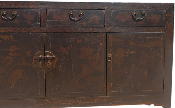 Circa 1926 Antique Chinese Dark Brown Painted Sideboard with Four Drawers and Four Doors - Dyag East