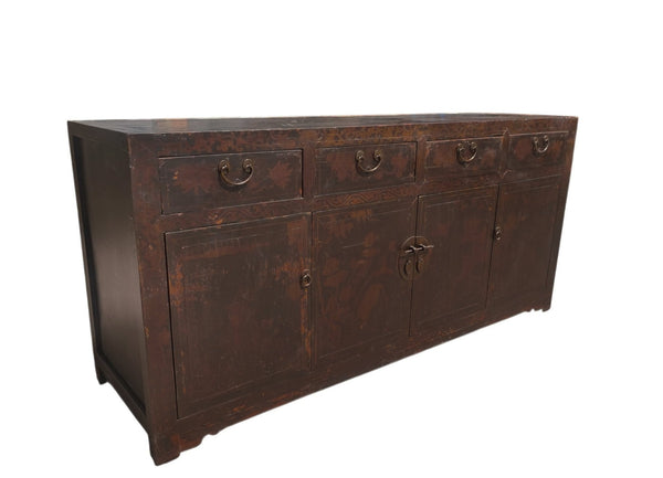 Circa 1926 Antique Chinese Dark Brown Painted Sideboard with Four Drawers and Four Doors - Dyag East