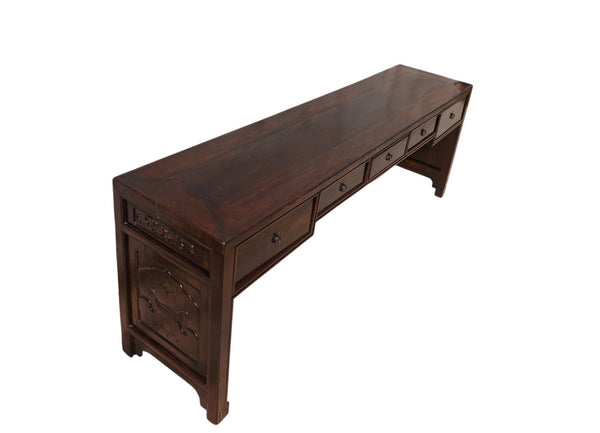 Dark Brown Antique Chinese 90" Long Writing Desk with 5 Drawers - Dyag East