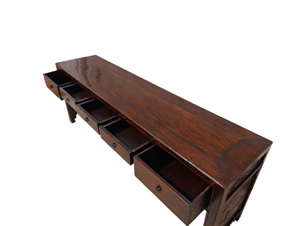 Dark Brown Antique Chinese 90" Long Writing Desk with 5 Drawers - Dyag East
