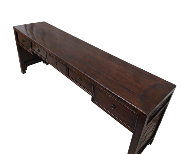 Dark Brown Antique Chinese 90" Long Writing Desk with 5 Drawers - Dyag East