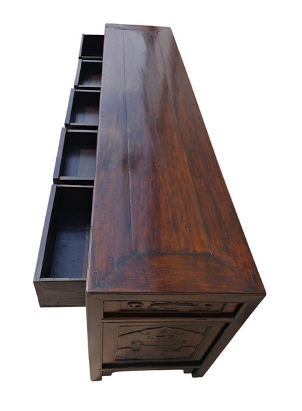 Dark Brown Antique Chinese 90" Long Writing Desk with 5 Drawers - Dyag East