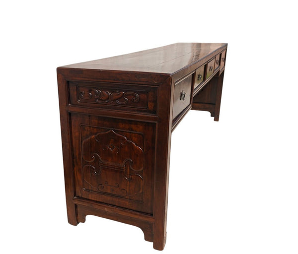 Dark Brown Antique Chinese 90" Long Writing Desk with 5 Drawers - Dyag East