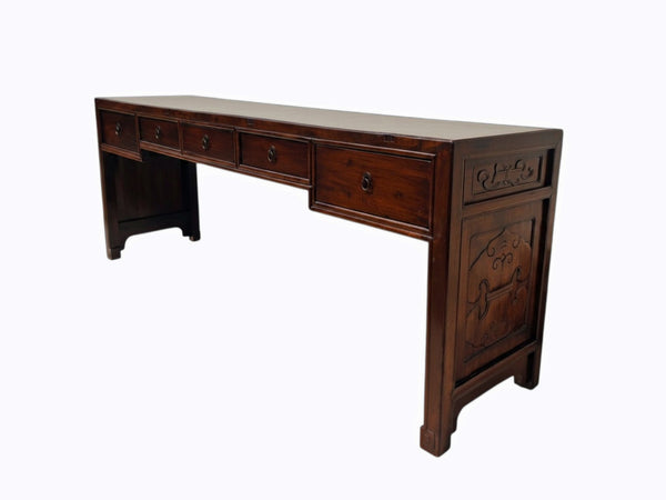 Dark Brown Antique Chinese 90" Long Writing Desk with 5 Drawers - Dyag East