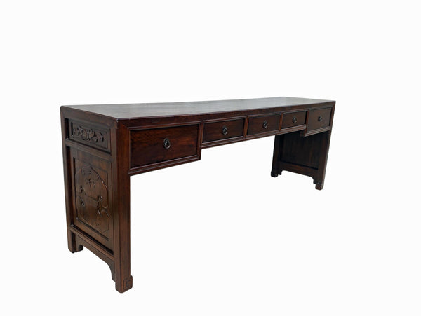 Dark Brown Antique Chinese 90" Long Writing Desk with 5 Drawers - Dyag East