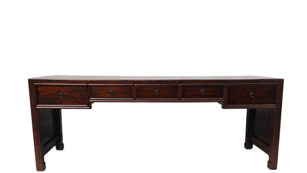 Dark Brown Antique Chinese 90" Long Writing Desk with 5 Drawers - Dyag East