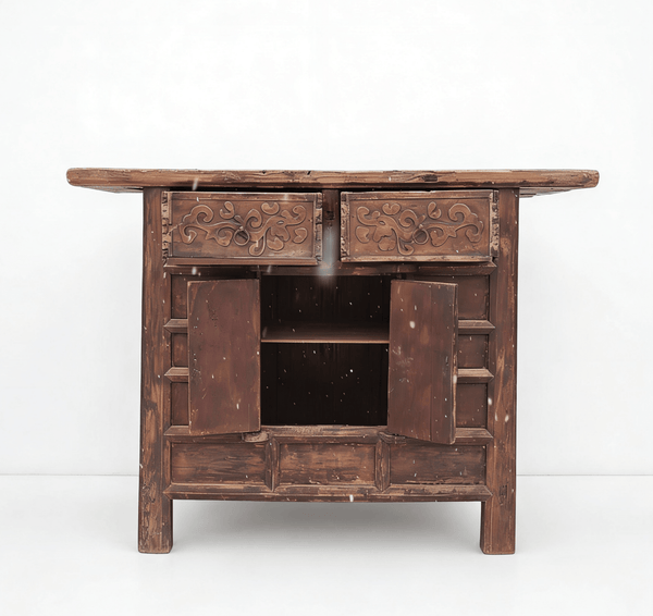 Double Top Drawer Carved Elm Sideboard - Dyag East