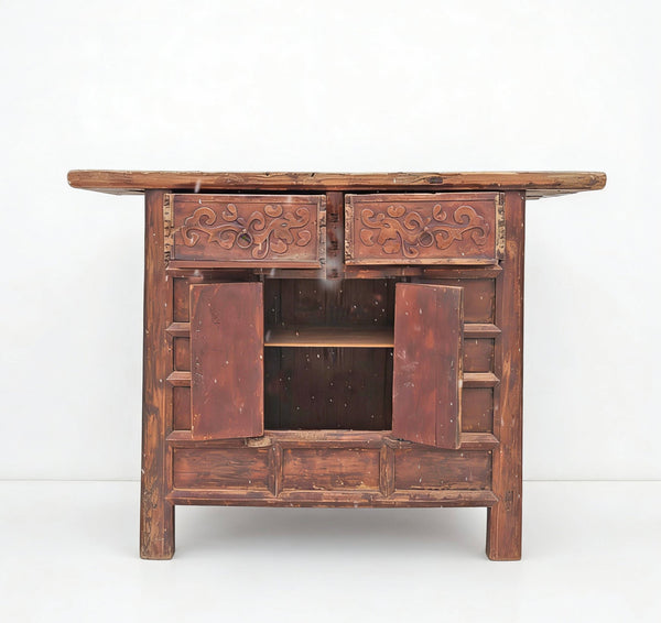 Double Top Drawer Carved Elm Sideboard - Dyag East