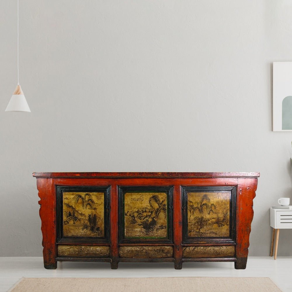 Gansu 85" Long Red Hand Painted Chinese Sideboard - Dyag East