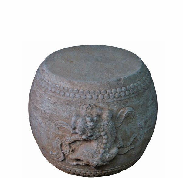 Hand Carved Stone Foo Dog Drum Stool or Side Table - Dyag East