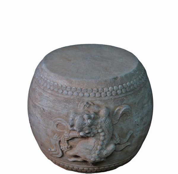 Hand Carved Stone Foo Dog Drum Stool or Side Table - Dyag East