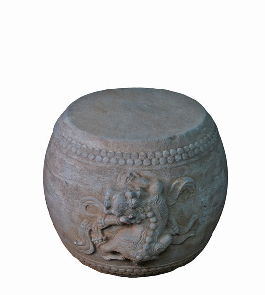 Hand Carved Stone Foo Dog Drum Stool or Side Table - Dyag East