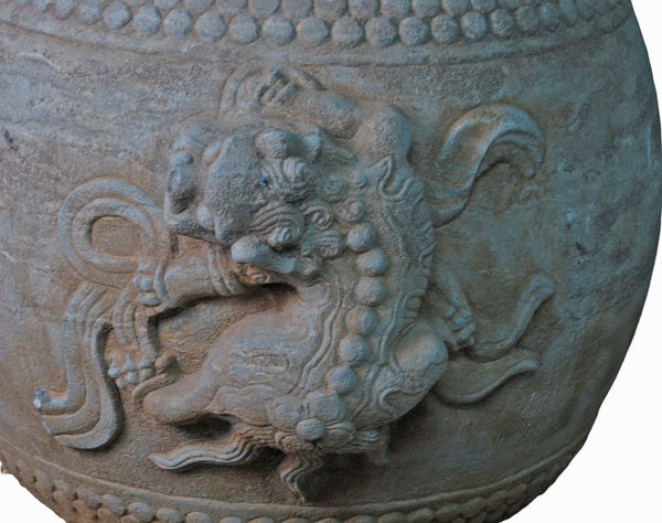 Hand Carved Stone Foo Dog Drum Stool or Side Table - Dyag East