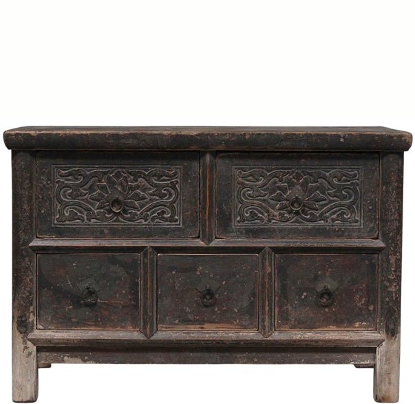 Hand Carved Vintage Chinese Reclaimed Wood Accent Chest or Low Sideboard Cabinet - Dyag East