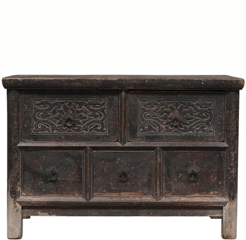 Hand Carved Vintage Chinese Reclaimed Wood Accent Chest or Low Sideboard Cabinet - Dyag East