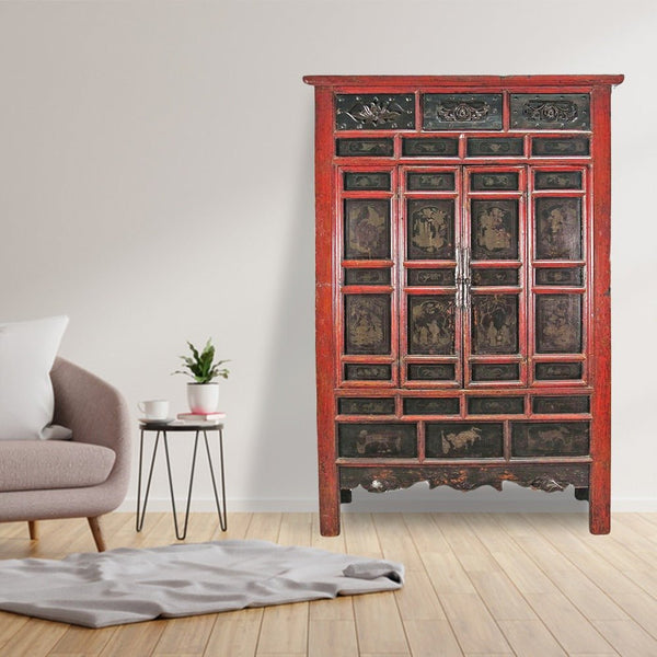 Hand Painted 80" Inch Tall Antique Chinese Cabinet - Dyag East