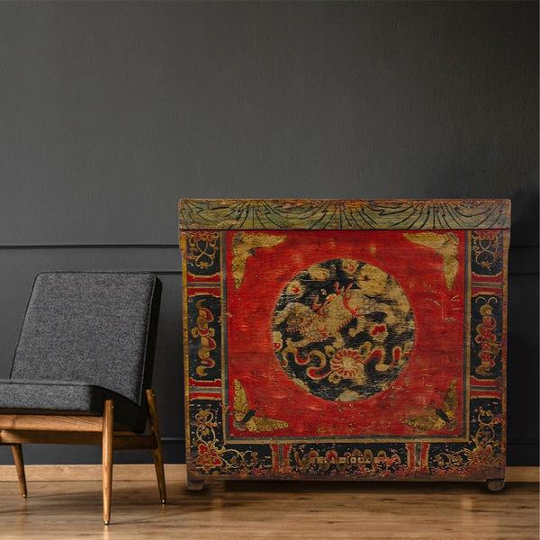 Hand Painted Circle of Mystic Bird Antique Gansu Tibetan Cabinet 2 - Dyag East