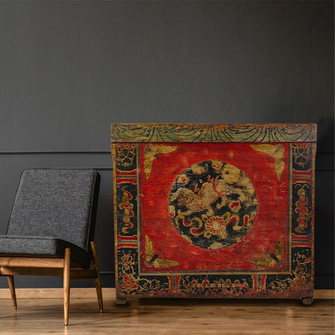 Hand Painted Circle of Mystic Bird Antique Gansu Tibetan Cabinet 2 - Dyag East
